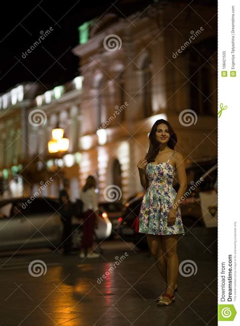 Beautiful Woman Is Walking In The Night City Stock Image Image Of