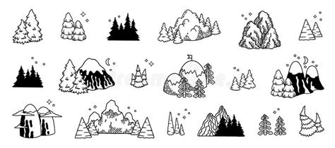 Mountains And Forest Hand Drawn Landscape Scene With Wood And