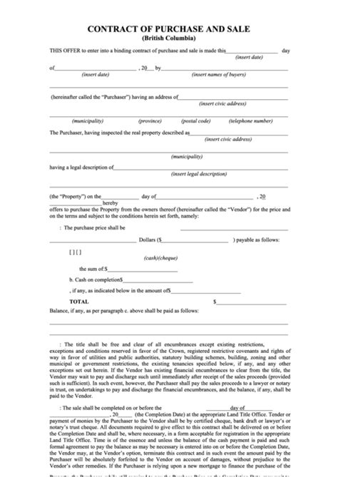 Contract Of Purchase And Sale British Columbia Printable Pdf Download
