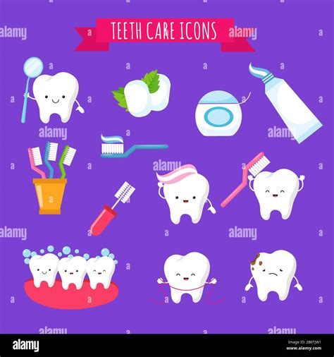 Tooth Brushing And Dental Care Cute Cartoon Icons For Kids Funny Teeth