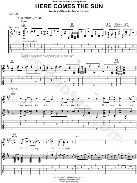 The Beatles Here Comes The Sun Guitar Tab In A Major Download