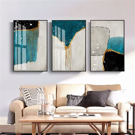 Framed Wall Art 3 Piece Set Of 3 Prints Abstract Gold Navy Grey Blue