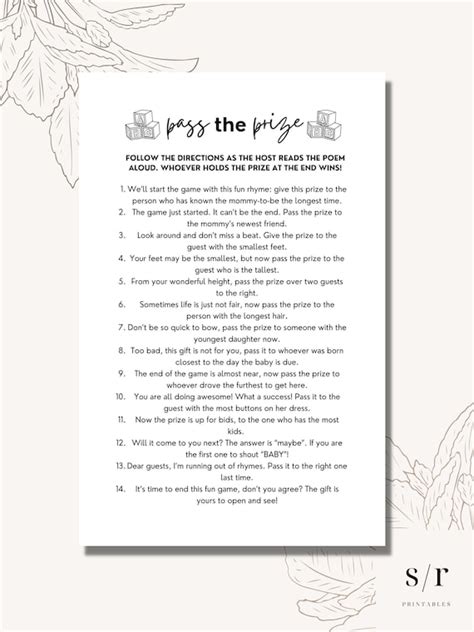 Pass The Prize Poem Game Printable Baby Shower Games Etsy