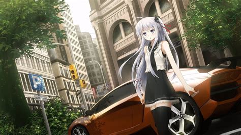 Girl In White And Black Dress Leaning Beside Car Anime Illustration Hd