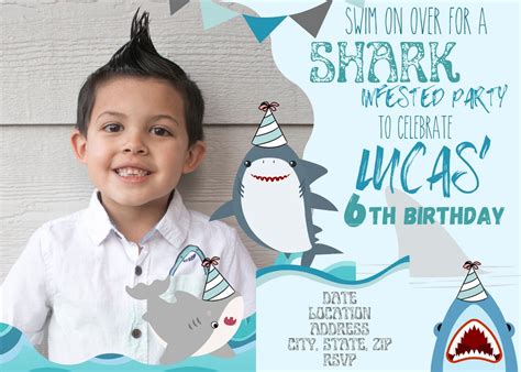 Shark Themed Birthday Party Custom Invitation With Picture Etsy
