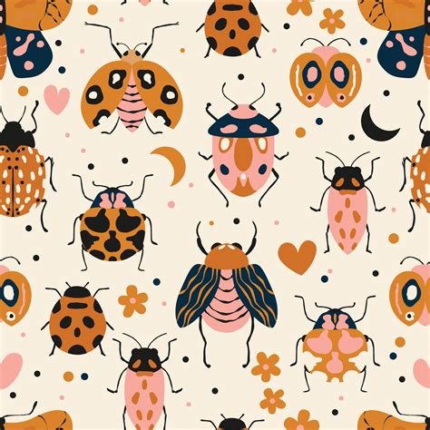 Seamless Pattern With Cute Bugs Beetles Moth And Insects With Floral