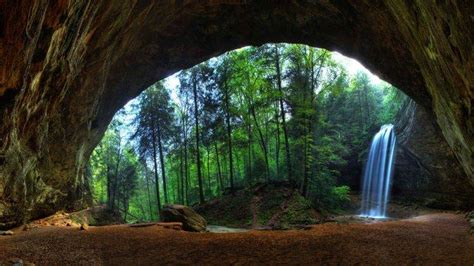 Nature Landscape Trees Forest Waterfall Cave Long