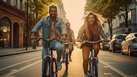 Premium Ai Image Three Young People Having Fun Cycling Down The Street Male And Female Friends
