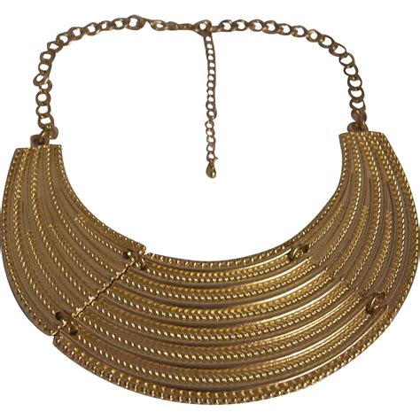 Egyptian Revival Cleopatra Style Bold Bib Collar Necklace Gold Tone