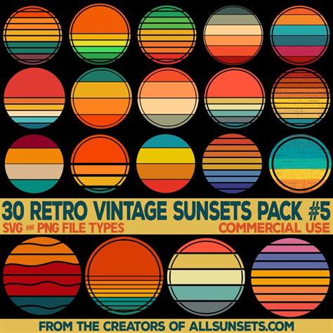 Retro Vintage Sunsets Clipart 30 PNG Files Package 5 Colored Sunrise