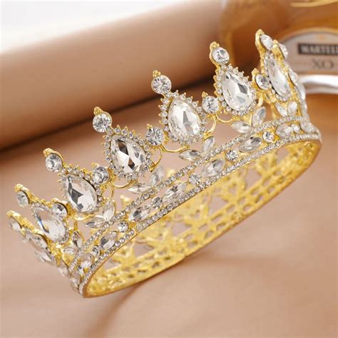 Golden Plated Rhinestone Princess Tiara For Wedding Crystal Crown Prom