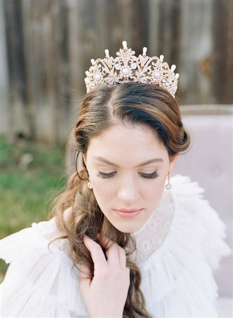 Full Bridal Crown With Pearls Gold Crown Tiara Alexandra Swarovski