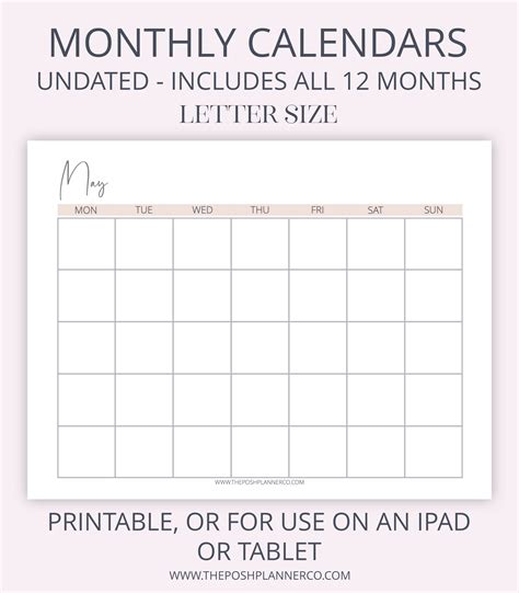 Blank Monthly Calendar Undated Monthly Calendar Digital Etsy