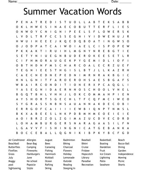 100 Summer Vacation Words Word Search Wordmint