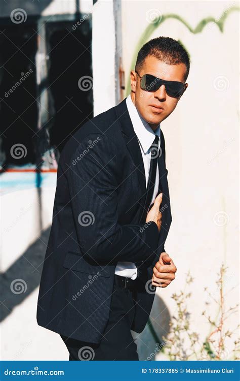 Handsome Man In Black Suit And Sunglasses Secret Agent Mafia