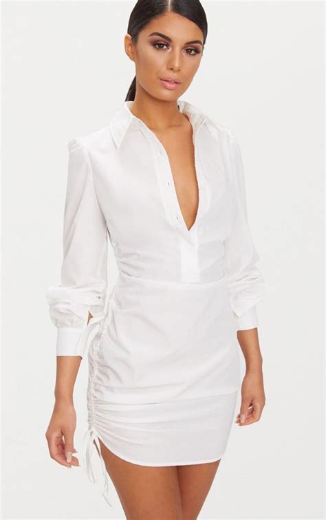 Ruched Side Fitted Shirt Dress In 2020 Shirt Dress White Shirt Dress