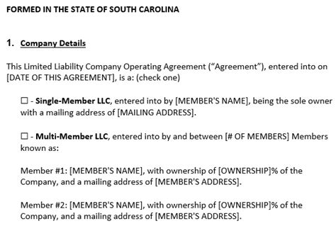 Free South Carolina Llc Operating Agreement Templates Word Pdf