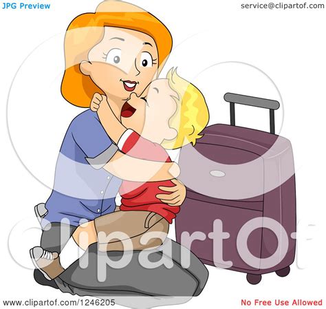 Clipart Of A Mom Kneeling To Hug Her Son Goodbye Before Traveling Royalty Free Vector