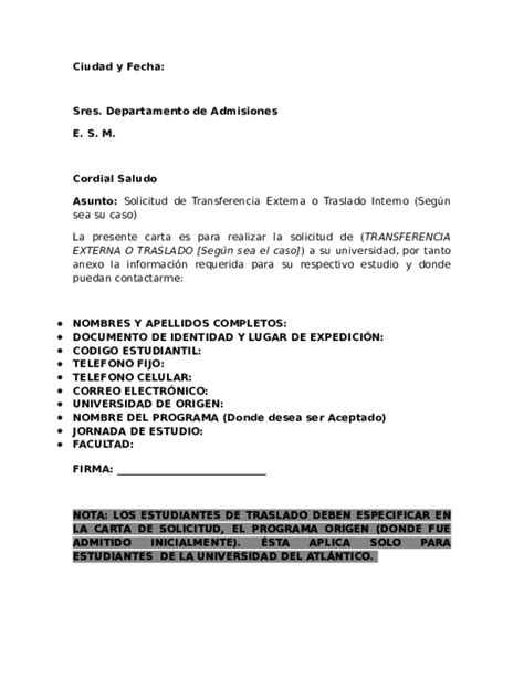 We did not find results for: (DOC) Carta de Solicitud para Transferencia y Traslado ...