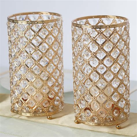 2 Pack 9” Tall Metallic Gold Crystal Beaded Pillar Votive Candle Holder Efavormart