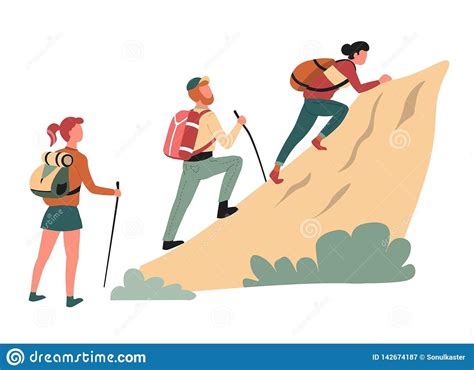 Hiking Climbing Cliff Man And Women Hikers Or Backpackers Stock Vector