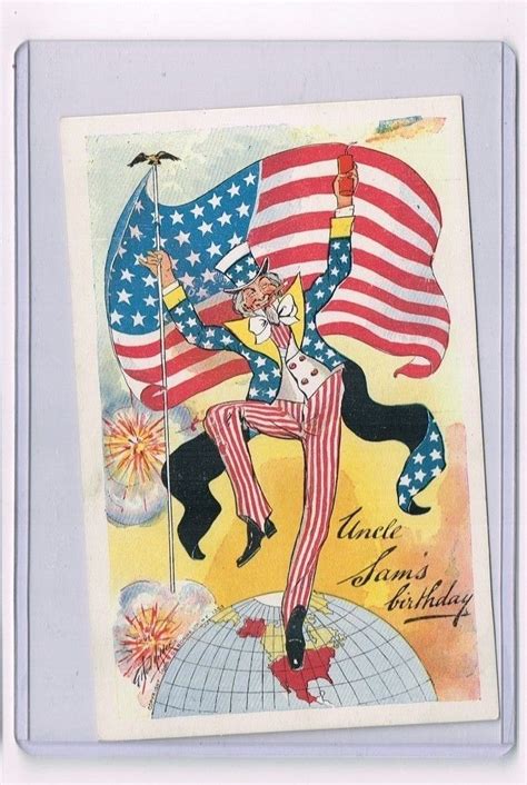 Vintage Postcard Uncle Sams Birthday Cartoon Patriotic Drawing Un Used