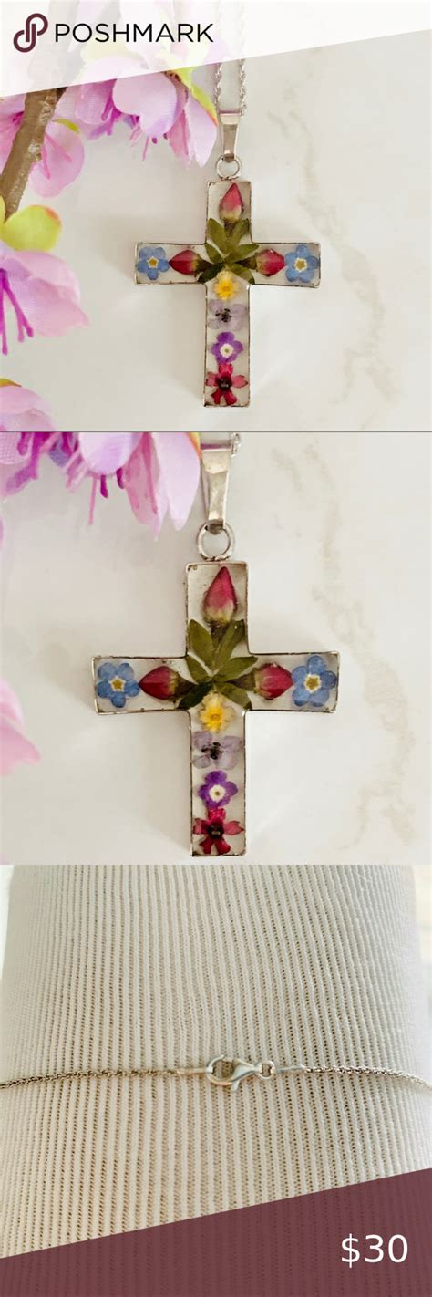 Sterling Silver Pressed Flower Cross Necklace Unique Jewelry Necklace