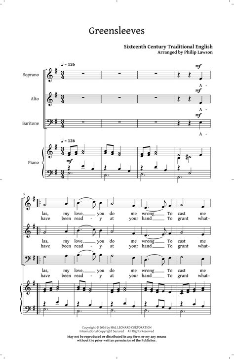 Greensleeves sheet music for piano. Greensleeves Choral SAB sheet music by by Philip Lawson (SAB - 175824)