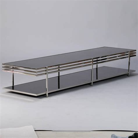 Contemporary long low console table: Midcentury Long and Low Black Glass and Chrome Coffee Table For Sale at 1stdibs