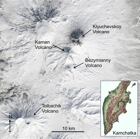 Active Volcanoes Of Klyuchevskaya Group In Landsat 8 Satellite Image On