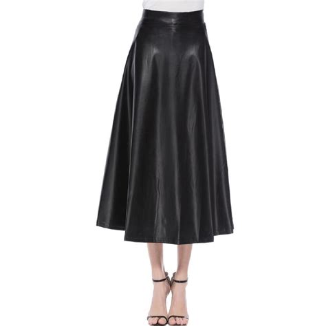 Kcocoo Womens Solid Color High Waist Faux Leather Skirt A Line Long