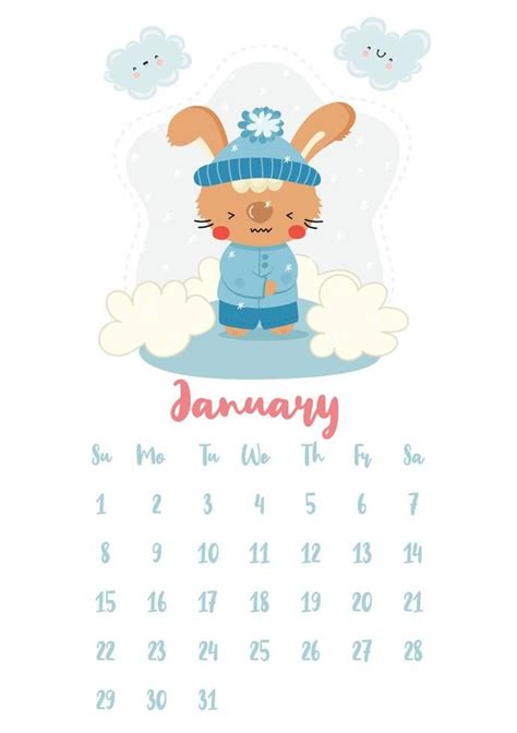 Vertical Vector Calendar For January 2023 With Cute Cartoon Winter
