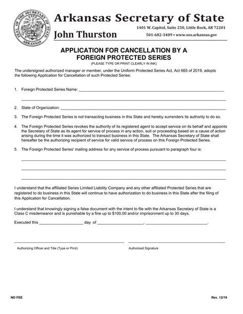 Arkansas Application For Cancellation By A Foreign Protected Series