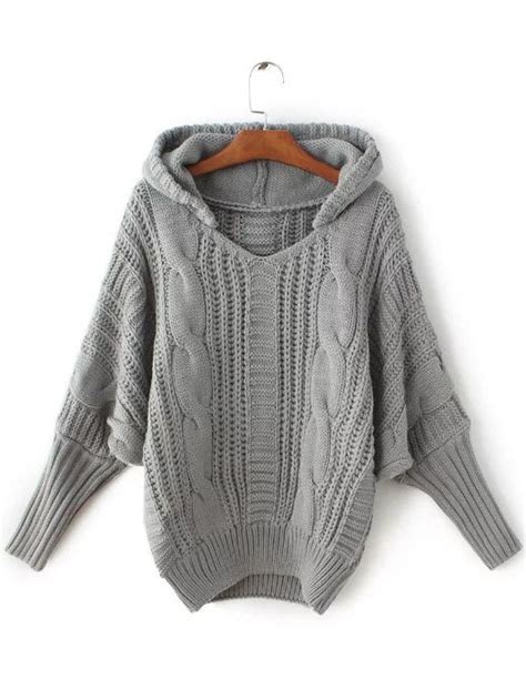 Shop Grey Cable Knit Hooded Sweater Online Shein Offers Grey Cable