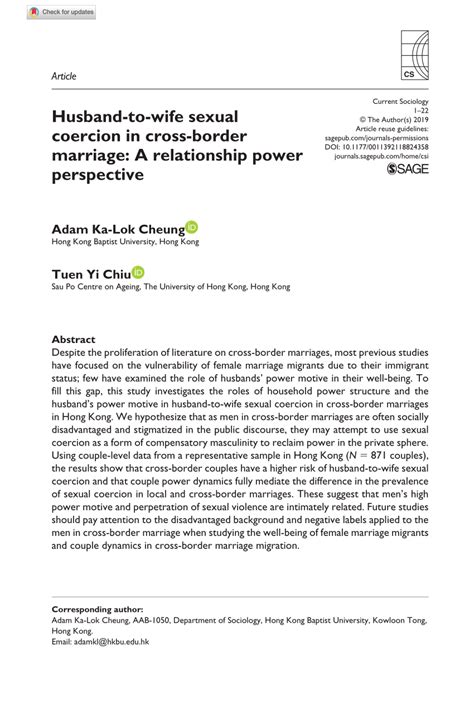 Pdf Husband To Wife Sexual Coercion In Cross Border Marriage A Relationship Power Perspective