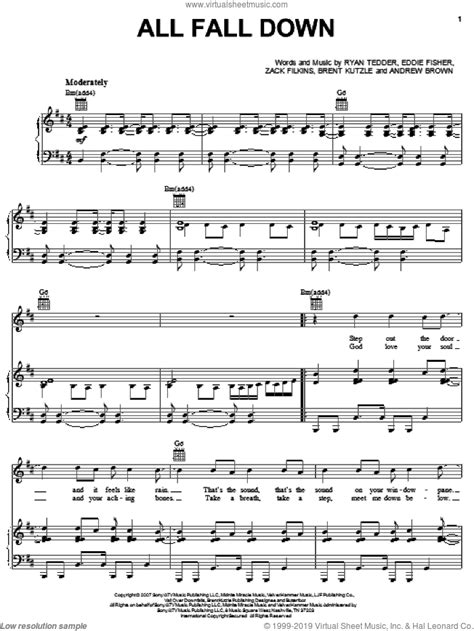 Onerepublic All Fall Down Sheet Music For Voice Piano Or Guitar