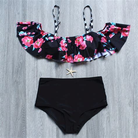 2017 Ruffle Swimwear Bikini Women Floral Off Shoulder Swimsuit Maillot
