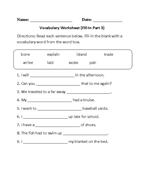 Vocabulary Worksheets Fill In Vocabulary Worksheets Part 3