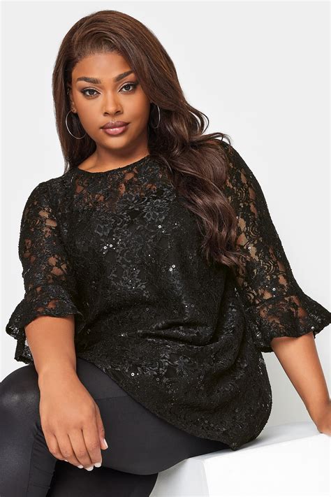 Yours Plus Size Black Lace Sequin Embellished Swing Top Yours Clothing