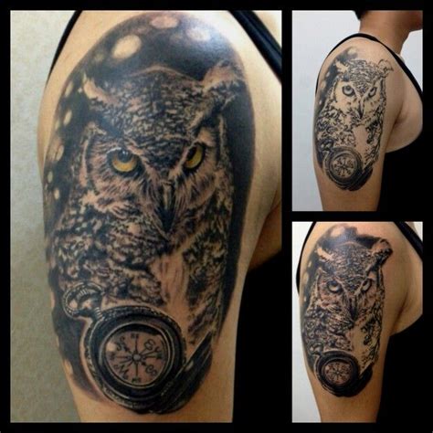 Owl And Compass Tattoo Owl Tattoo Sleeve Tattoos 3d Tattoos