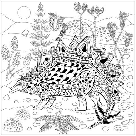 Download and print these libra coloring pages for free. Stegosaurus in nature - Dinosaurs Adult Coloring Pages