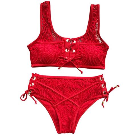 Fangnymph Blcak Red White Lace High Waist Swimsuit Bikini Set 2018 Sexy