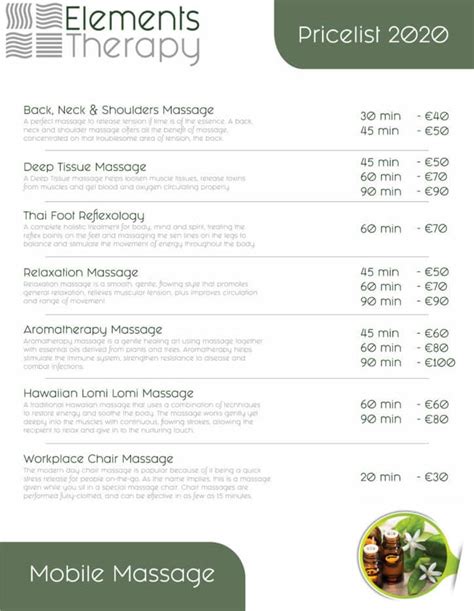 Massage Therapy Price List Elements Therapy