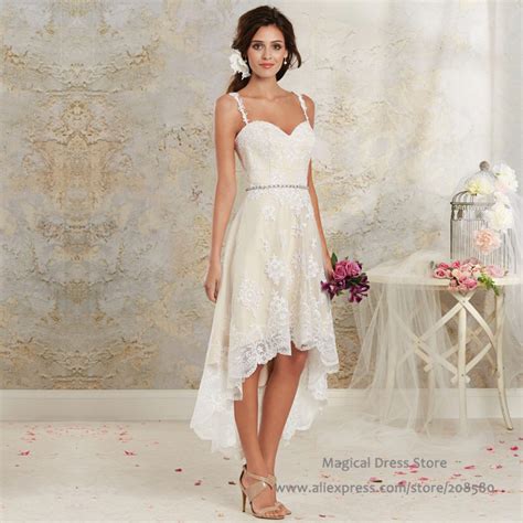 buy bohemian high low short wedding dress 2016 summer beads ivory white lace