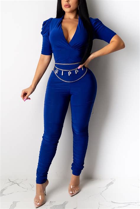 fashion sexy v neck blue jumpsuit without belt