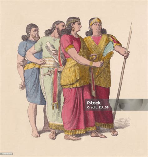 Assyrian Men And Court Officials Handcolored Wood Engraving Published C1880 Stock Illustration