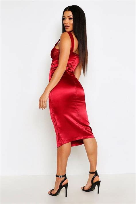 Womens Lace Top Satin Bodycon Midi Dress Red L Womens Lace Tops Red Midi Dress Midi Dress