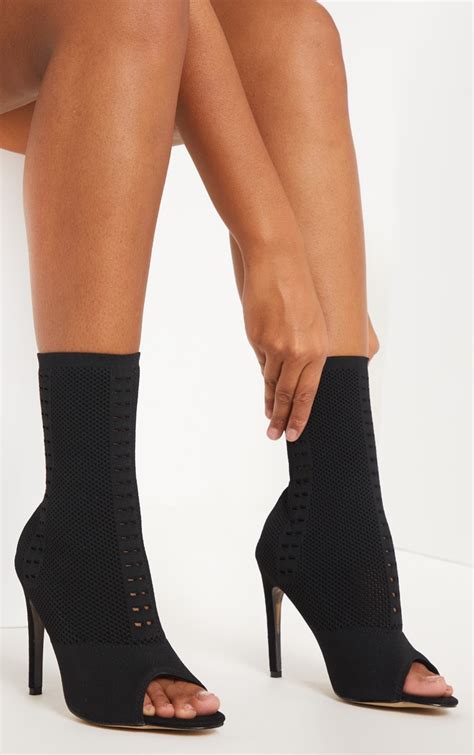 donna black knitted peep toe sock boots prettylittlething ca