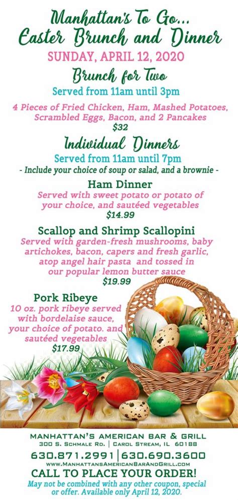 2020 Easter Brunch And Easter Dinner To Go At Manhattans In Carol