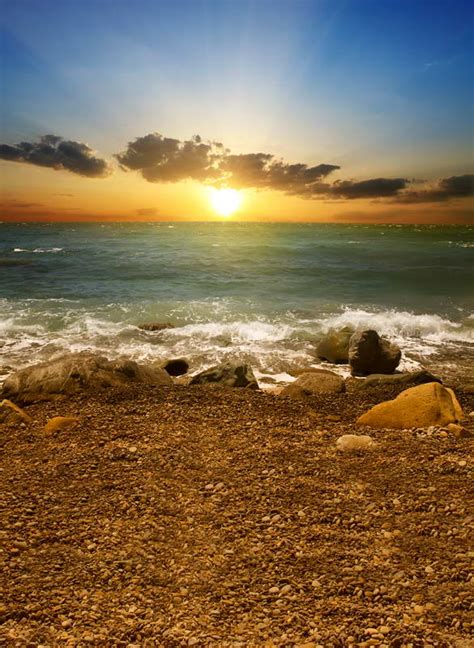 5x7ft Sunset Clouds Sky Sea Wave Rocks Sand Beach Summer Custom Photo